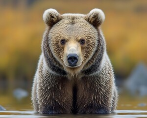 Fototapeta premium Brown bear stares, water, autumnal backdrop