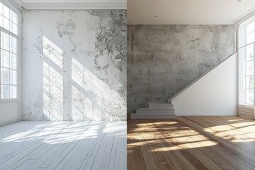 Obraz premium Modern grey interior before and after repairs with mockup space. AI generated illustration.