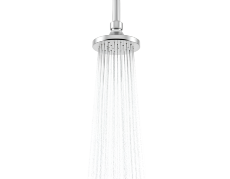 Shower head with running water on transparent background