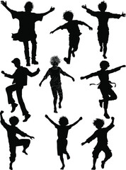 nine child black silhouettes collection isolated on white