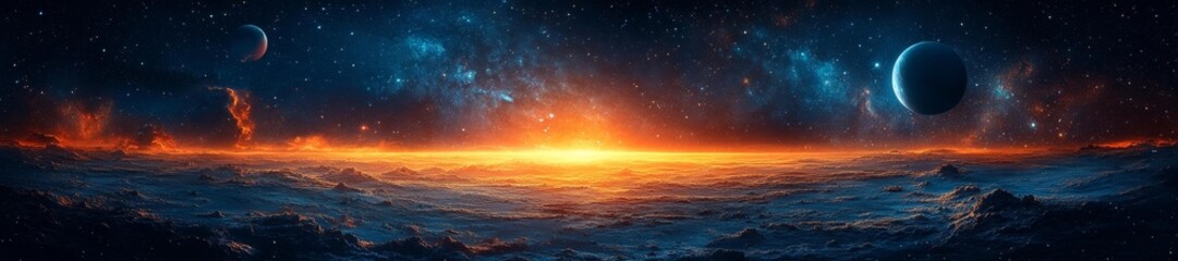 Fototapeta premium Fiery Horizon with Cosmic Clouds and Planets. Generative AI