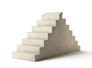 A simple and minimalist cement block sculpture of a pyramid with stairs, isolated on a white background in the front view