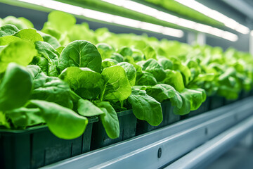 Indoor Farming: Rows of vibrant green leafy vegetables growing under artificial lights, showcasing the technology behind controlled environment agriculture.
