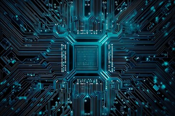 Abstract close-up of a glowing blue digital circuit board, showcasing intricate connections and technological design on a black background.
