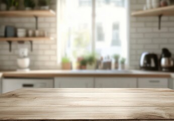 Wooden tabletop with blurred kitchen background featuring shelves, herbs, and appliances in a cozy home setting, ideal for culinary and home decor themes
