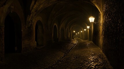 Fototapeta premium Ancient stone alleyway at night; atmospheric, dark, winding path