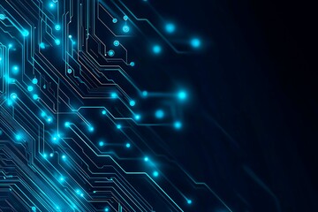 Abstract close-up of a glowing blue digital circuit board, showcasing intricate connections and technological design on a black background.

