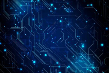 Obraz premium Abstract close-up of a glowing blue digital circuit board, showcasing intricate connections and technological design on a black background. 