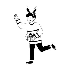 Child wearing bunny ears happily running with an Easter basket filled with eggs