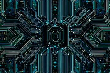 Abstract close-up of a glowing blue digital circuit board, showcasing intricate connections and technological design on a black background.
