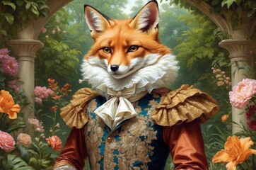 Obraz premium Fox dressed in elegant clothing stands in a lush garden surrounded by colorful flowers in a whimsical portrayal of nature and fantasy