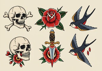 Classic American Traditional Tattoo Flash: Skulls, Roses, and Swallows