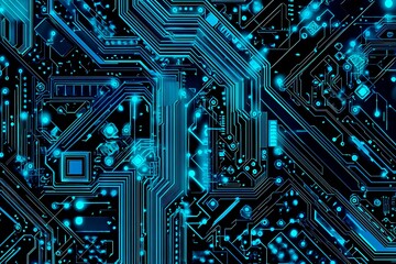 Abstract close-up of a glowing blue digital circuit board, showcasing intricate connections and technological design on a black background.
