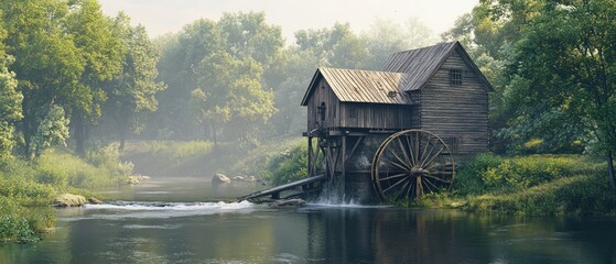 Fototapeta premium Picturesque Water Mill Scene with Wooden Building and Serene River