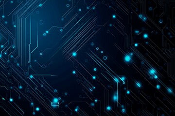 Obraz premium Abstract close-up of a glowing blue digital circuit board, showcasing intricate connections and technological design on a black background. 