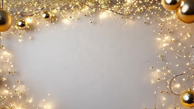 Golden christmas ornaments and fairy lights frame bordering white background