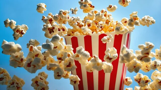 Popcorn exploding from a red and white striped cardboard container on a blue background