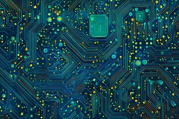 Abstract close-up of a glowing blue digital circuit board, showcasing intricate connections and technological design on a black background.

