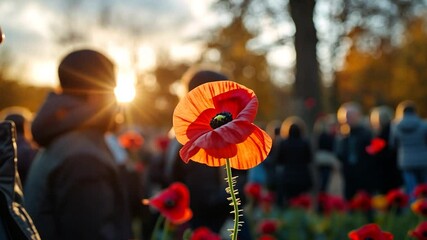 Remembrance poppy, sunset, park gathering
