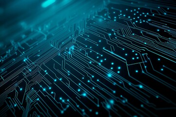 Obraz premium Abstract close-up of a glowing blue digital circuit board, showcasing intricate connections and technological design on a black background. 