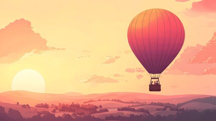 Fototapeta premium Balloon ride over rolling hills at sunset. Adventure, travel, getaway, peace, illustration