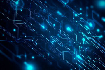 Obraz premium Abstract close-up of a glowing blue digital circuit board, showcasing intricate connections and technological design on a black background. 