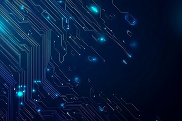 Abstract close-up of a glowing blue digital circuit board, showcasing intricate connections and technological design on a black background.
