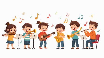 Fototapeta premium Cartoon Children Playing Musical Instruments, Joyful Youth Orchestra Illustration