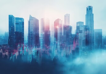 Fototapeta premium Abstract city skyline with sound wave overlay symbolizing data analysis and technology advancement among modern skyscrapers in a hazy atmosphere