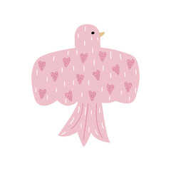 Cute pink bird with heart pattern. Vector hand drawn illustration.