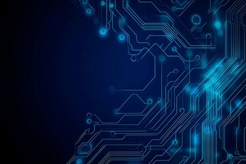Abstract close-up of a glowing blue digital circuit board, showcasing intricate connections and technological design on a black background.
