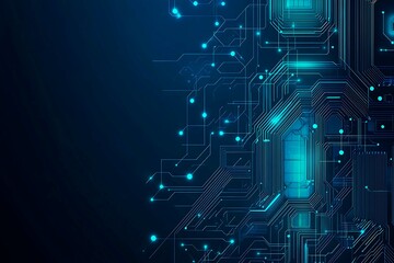 Abstract close-up of a glowing blue digital circuit board, showcasing intricate connections and technological design on a black background.
