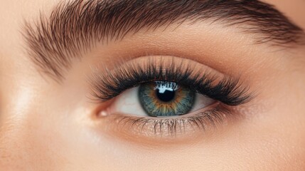Obraz premium Detailed macro shot of a green eye with thick, curled black and blue lashes, natural makeup, and sharp focus on the iris, set against a soft, neutral background.