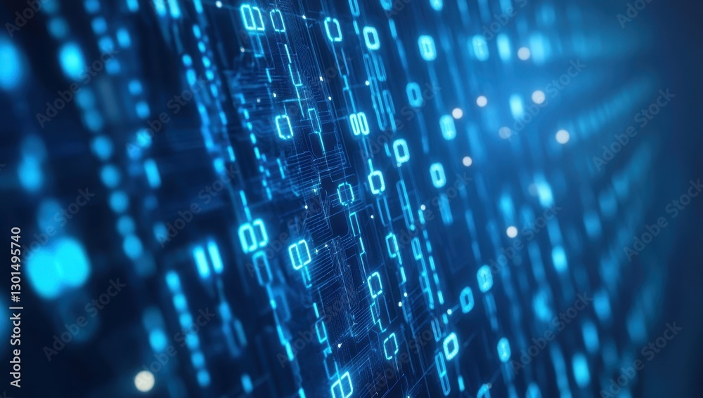 Poster abstract digital data visualization with bright blue light patterns and matrix elements for technolo
