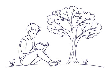 Young Student Reading a Book Under a Tree. Peaceful Outdoor Line Drawing Vector