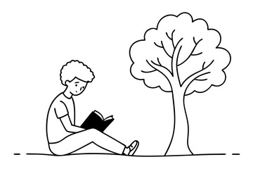 Young Student Reading a Book Under a Tree. Peaceful Outdoor Line Drawing Vector