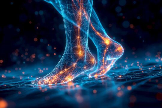 Joint pain, Dynamic connection between feet and energy in a neon-inspired digital environment. Ankle joint with fiery pain illustration. Glowing skeletal foot in medical 3D render