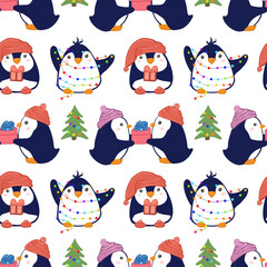 Christmas seamless pattern with funny penguins without background 