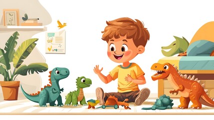 Boy playing dinosaurs indoors; education background, uses family activities, learning resources