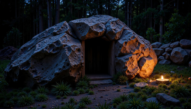 Ancient Stone Tomb Illuminated by Torchlight at Night, Easter Symbolism