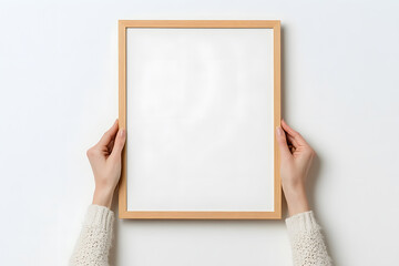Elegant minimalist frame held by gentle hands, pristine white background offers an artistic touch. Perfect for displaying cherished moments and art.