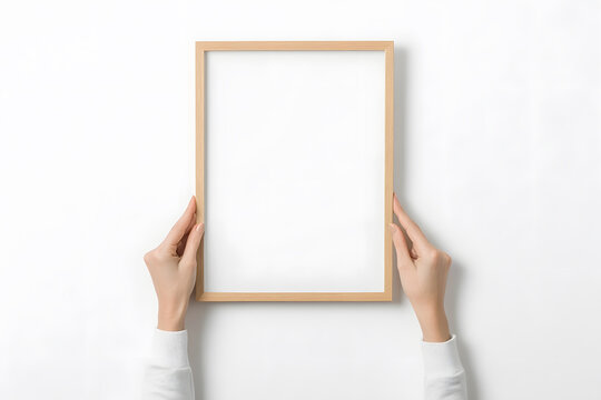 Hands holding a blank wooden frame. The frame has a light wood tone and a minimalist design, perfect for displaying art or photos in a contemporary setting.