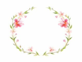 A delicate watercolor floral wreath with pink and purple flowers and green leaves, forming an oval frame on a white background.