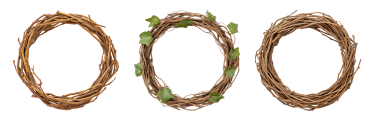 Rustic Wreaths Made of Twigs and Greenery Accents Isolated on transparent background