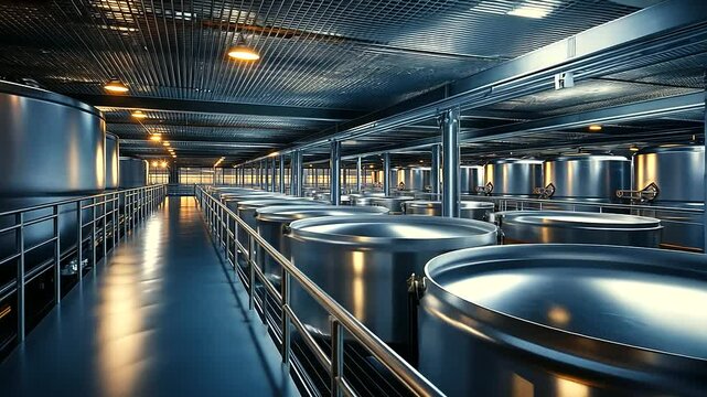 Wide-angle view of a high-tech dairy production facility, showcasing large metal storage tanks and intricate networks of conduits.