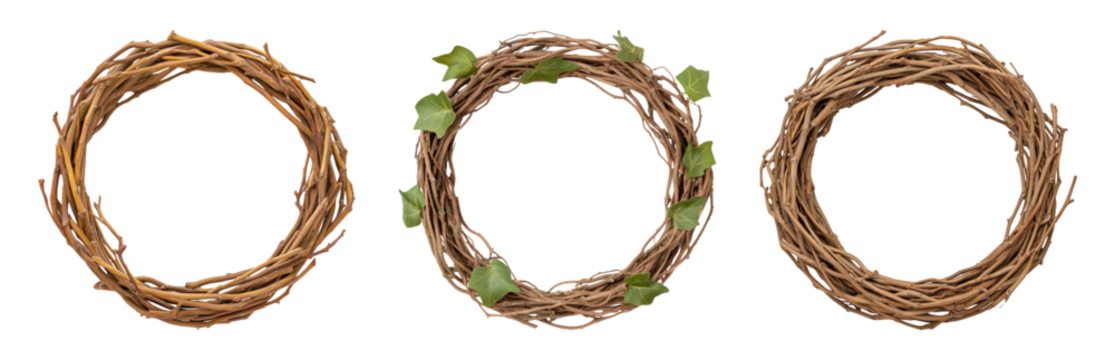 Rustic Wreaths Made of Twigs and Greenery Accents Isolated on transparent background