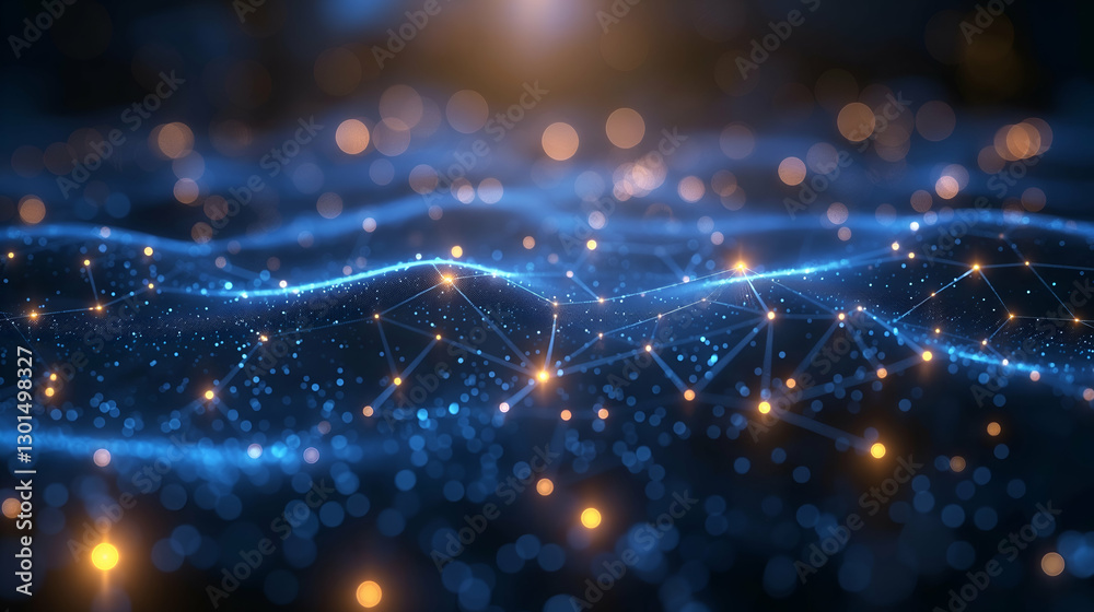 Wall mural blue digital network glowing nodes and connections, futuristic tech wave pattern
