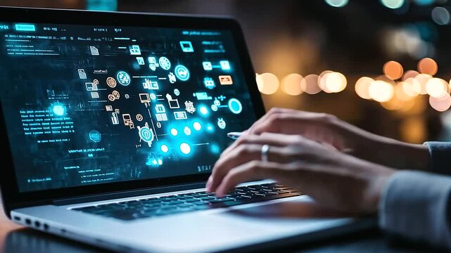 Entrepreneur examines customer loyalty statistics on laptop, detailed analytics dashboard helps optimize business strategies.