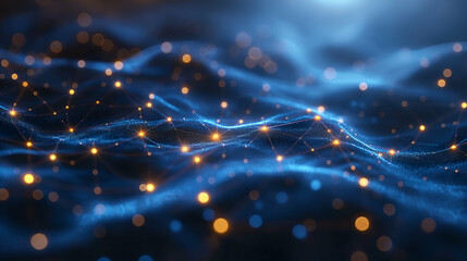 Obraz premium Blue Digital Wave Golden Lights Network, Futuristic Data Visualization Background