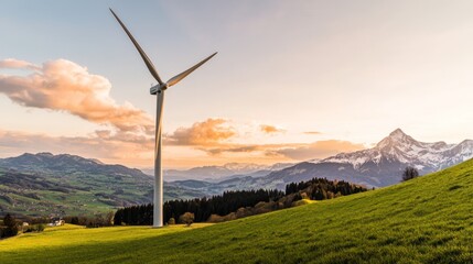 Wind Turbine on Green Hillside with Mountains in the Background at Sunset